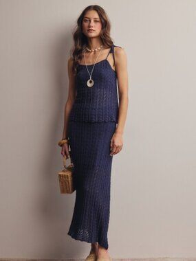 Pointelle Knit Midi Skirt in Navy Blue
